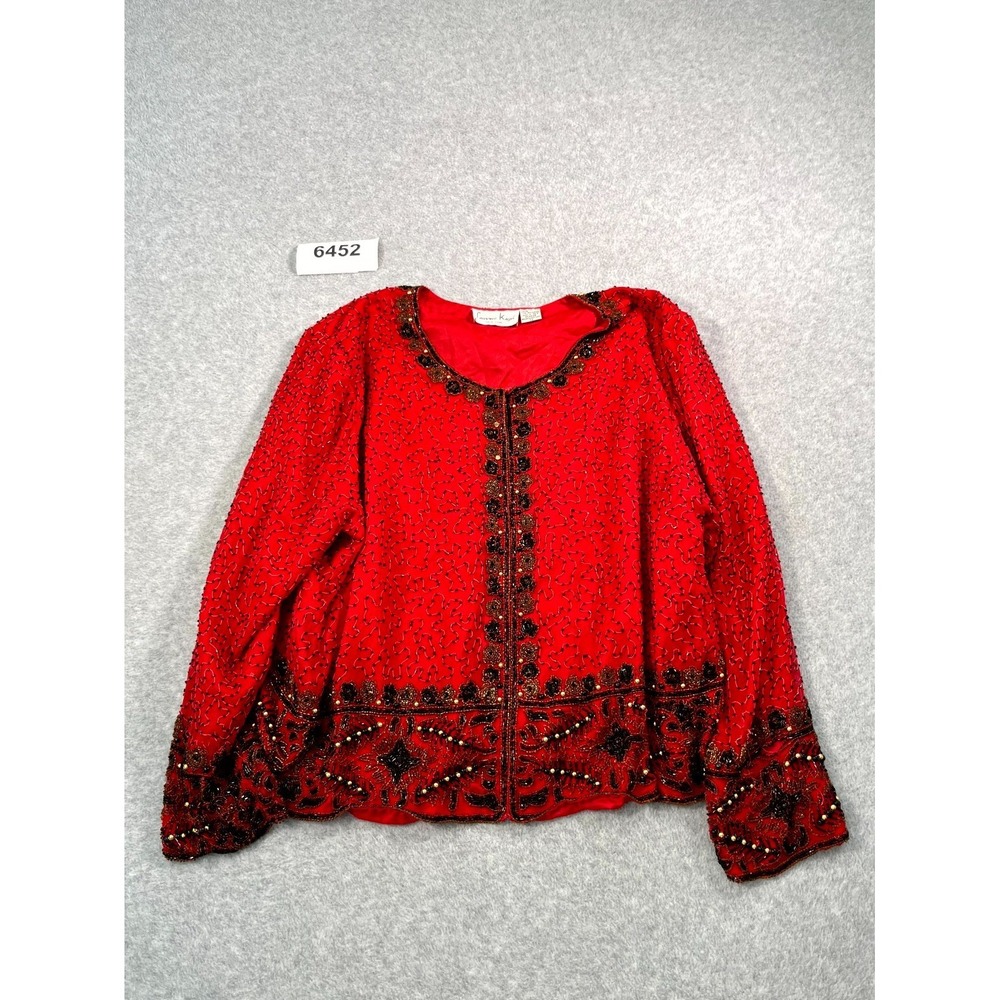 Laurence Kazar Embellished Jacket Womens 3X Red Beaded Sequin‎ Round Neck